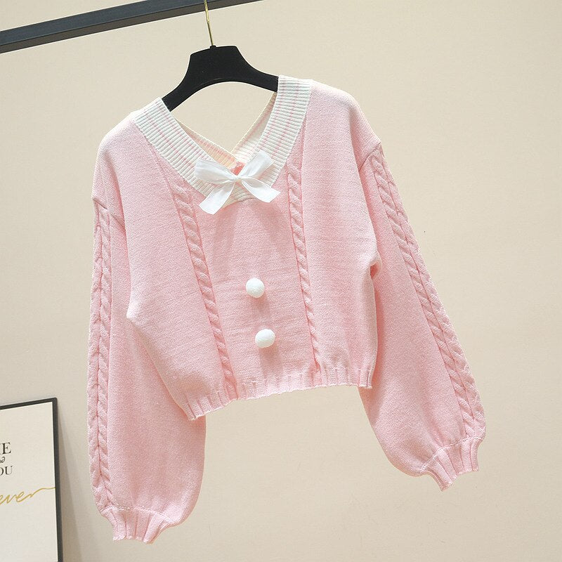 Korean Kawaii White Knitted Sweater Girls Sweet V Neck With Bow Vintage Pullover Femme Long Sleeve Knitwear Crop Top Pink Jumper