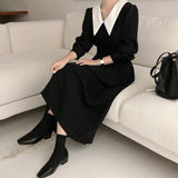 Elegant Pleated Women Spring A-Line Long Sleeve Midi Office Patchwork Dress Autumn