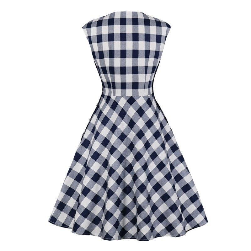 Blue Plaid 50s Pinup Robe Women Button Side Gingham Cotton Vintage A-Line Summer Sleeveless Dress