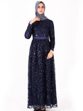 Muslim Women Robe Sequin Leaf Embroidered National Arab women Formal Dress Navy Black Long-Sleeve Gowns Tulle O-neck Vestioes