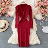 V Neck Long Sleeve Bodycon Ribbed Knitted Dress Autumn Winter Button Elegant Casual Midi Dress