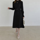 Autumn Winter Elegant Warm Knitted Dress With Belt Mock Neck Long Sleeve A Line Casual Midi Dress