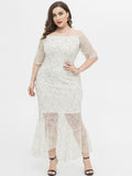 Plus Size Lace Dress Women White Party Dress Half Sleeve Mermaid Formal Robes Off The Shoulder Vestidoes Asymmetrical Prom Gowns