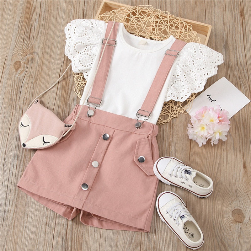 Toddler Girls Clothes Set Ruffles Hollow Flower Tops + Suspender Short Pants Children Casual Suit Kids Baby 2-6 Year Tracksuit