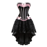 Gothic Sexy Lace Corset Dress Women Victorian Vintage Striped Bow Satin Corset Bustier Top With Asymmentrical Floral Skirt Set