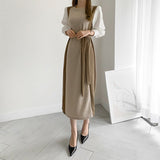 Office Color Block Knitted Midi Dress With Belt Long Shirt Sleeve Patchwork Winter Dress