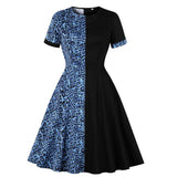 Women Short Sleeve Black Blue Leopard Print Patchwork Robe Pin Up Swing Retro Vintage Dress