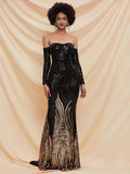 Gradient Black Sequins Cocktail Dress Sexy Off-Shoulder Full-Sleeve Women Formal Prom Gown Soriee Floor-length Party Dress