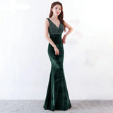 New V-neck Beading Long Evening Dress Sexy Backless Velour Evening Party Dress