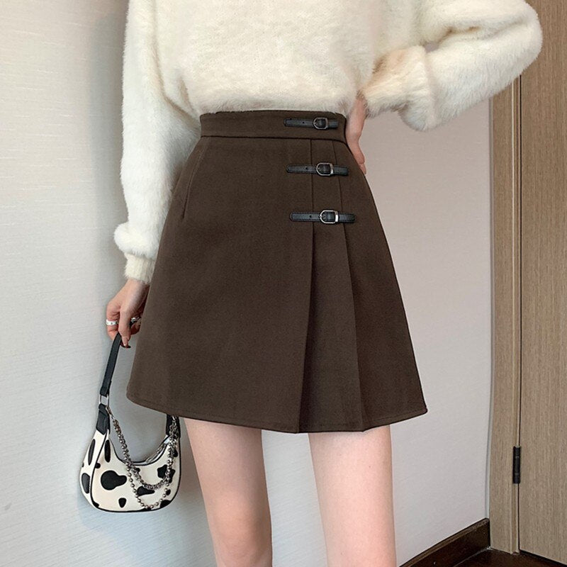 Ladies Elegant A-line Mini Skirts Korean Style Vintage Woolen All-match High Waist Women Casual Short Skirt