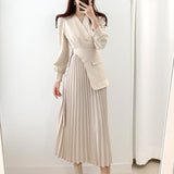 Elegant Office Lady Side Belted Overlay Pleated Dress Crossover V Neck Long Sleeve Midi Dress