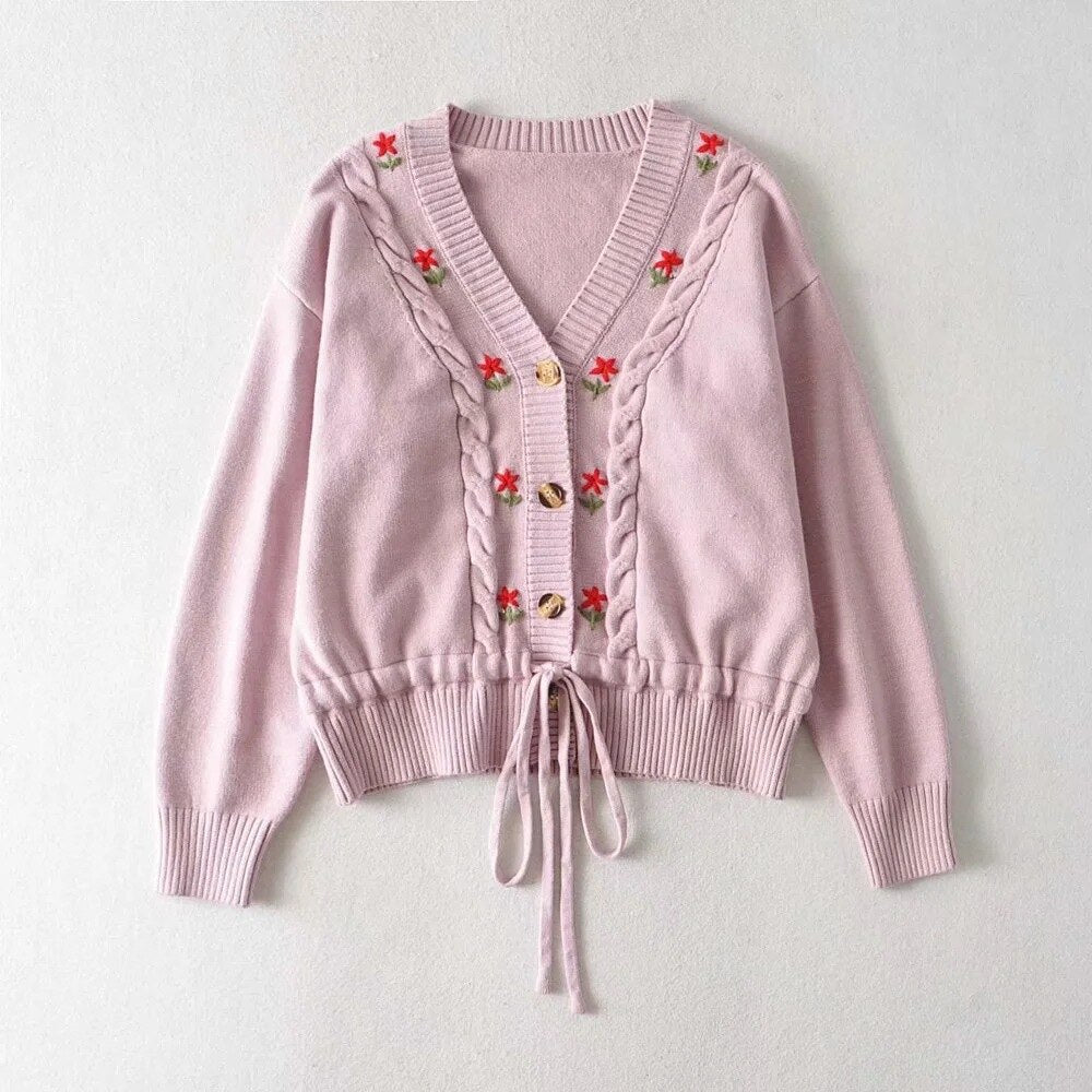 Design Cardigans Coat Sweater Women V-Neck Button Sweet Floral Embroidery Knit Cropped Tops