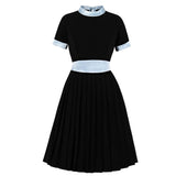 1950s Blue Black Women Patchwork Bowknot Collar Short Sleeve Robe Pin Up Elegant Vintage 50s 60s Retro Dresses