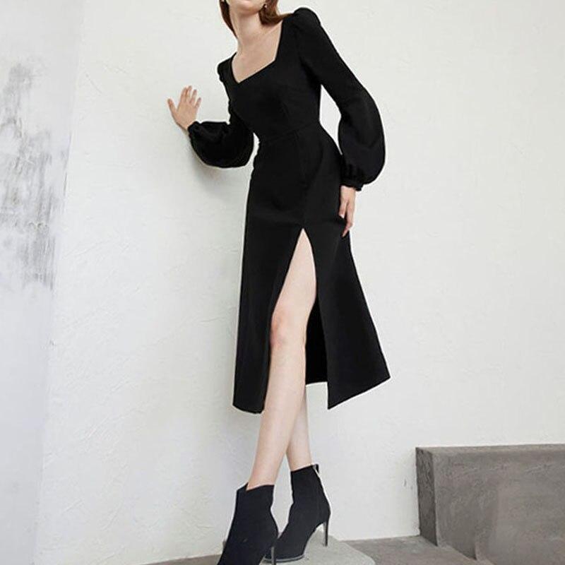 2021 Spring Women Black Retro Split Dress Elegant Midi Designer Dress Female Long Sleeve Hepburn Style Chiffon Vintage Dress