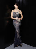Slash Neck Sleeveless Shinning Sequin Sexy Mermaid Cocktail Dress Women Formal Full Length Stretch Slim Party Prom Gowns