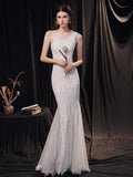 Elegant One Shoulder White Long Sequin Evening Dress Party Dress Wedding Wear