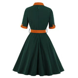 Women V Neck Half Sleeve Patchwork Belt Robe Pin Up Swing Party Office Ladies Dresses