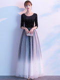 Hafe Sleeve Formal Dress A-Line Evening Dress O-Neck Tull Long Party Dress