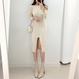 Casual O-Neck Cable Knitted Sweater Dress Winter Long Sleeve Elegant Front Slit Sexy Bodycon Dress