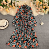 Bow Tie Neck Vintage Floral Midi Dress Long Sleeve Spring Autumn Chiffon Pleated Dress