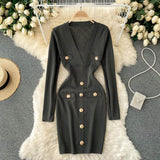 Autumn Winter Long Sleeve Office Elegant Knitted Dress Women Button Embellished Deep V Neck Sexy Mini Bodycon Dress