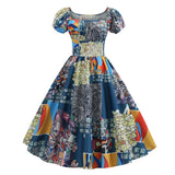 Square Neck Ruched High Waist Vintage Multicolor Floral Women Pleated Dress Short Sleeve Summer Rockabilly Swing Dresses