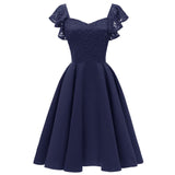 1950s Elegant Navy Blue Lace V Neck Swing Robe Wedding Party Formal Dress