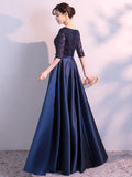 Navy Blue Homecoming Dress Half Sleeve Formal Dress O-neck Elegant Robe De Soriee Floor-length A-line Satin Party Prom Gowns