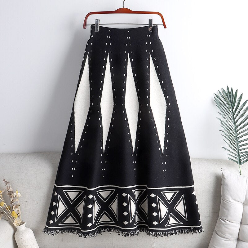 Elegant A Line Women Fringed Hem Contrast Geometric Knitted Skirts Elastic High Waist Midi Long Skirt