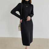 Winter Fall Long Sleeve Turtleneck Knitted Dress Solid Casual Chic Straight Elegant Midi Dress