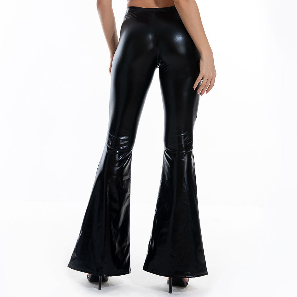 Sexy PU Leather Metallic Shiny Holographic Flare Pants Girls Bodycon Elastic Waist Bell Bottom Trousers Clubwear