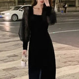 Black Velvet Midi Dress Women Party Puffer Sleeve Lace Vintage One Piece Dress Korean Fashion 2021 Winter Elegant Dress Females
