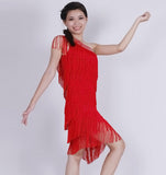 Women Unequal Fringe One Shoulder Sloping Shoulder Sleeveless Beaded Latin Tango Ballroom Salsa Girls Dance Dress