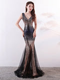 Sleeveless V-neck Evening Dress Black-Burgundy Mermaid Formal Party Dresses Shinning Sequins Floor-length Prom Gowns Backless