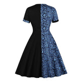 Leopard and Black Two Tone Women Vintage Elegant A Line Dress Round Neck Glamorous Party Retro Ladies Dresses