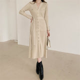 Long Sleeve Winter Chic Elegant V Neck Ribbed Knitted Dress Button Up Office Midi Dress With Belt