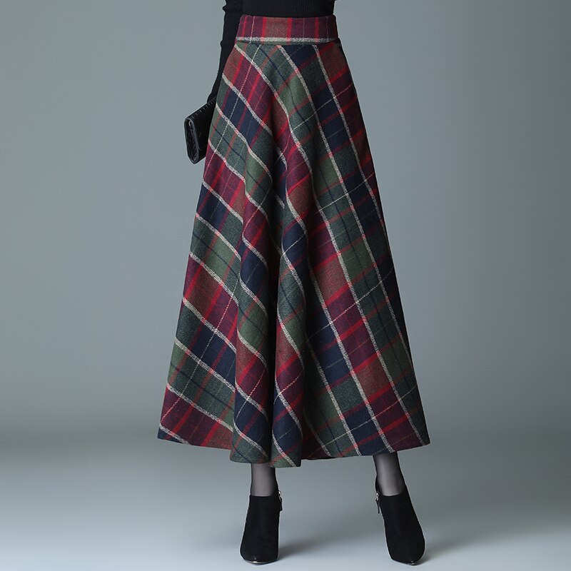 Women 21 New Autumn Winter Elastic Waist Skirt Vintage High Waist Plaid Skirts A-line Warm Wool Female Plus Size Big-Swing Skirt