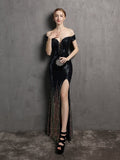 Sexy Backless Off Shoulder Evening Dress Slim Slash Neck Sequins Formal Party Gown Side Split Women Vestidoes New
