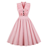 Pink Vintage Sleeveless Cotton Ruffles V Neck Robe Pin Up Swing Retro Dress