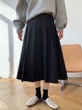 Autumn Women Vintage High Waist Elegant Pleated Solid A-Line Skirts Outwear