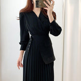 Elegant Office Lady Side Belted Overlay Pleated Dress Crossover V Neck Long Sleeve Midi Dress