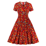 Multicolor Floral Print High Waist Vintage Pinup A Line Short Sleeve Autumn Women Pocket Elegant Party Dress