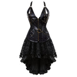 Women Gothic Steampunk Corset Dress Pirate Costume PU Leather Corset Bustier Lingerie Top With Asymmetric Floral Lace Skirt Set