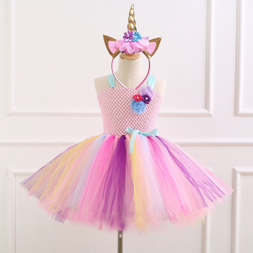 Unicorn Tutu Dress for Girls Princess Unicorns Costumes for Kids Girl Birthday Dresses with Flower Headband Child Clothes 1-12Y