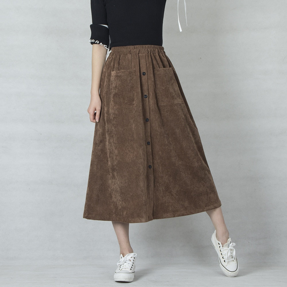 Casual Corduroy Women High Waist A-Line Solid Button Pocket Skirts
