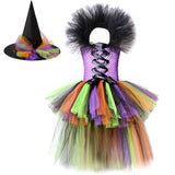 High Low Witch Tutu Dress for Girls Halloween Costumes for Kids Cosplay Party Dresses with Hat Broom Children Trailing Outfits