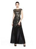 New 1920S Sequined Evening Dress Hand beads Floor length Party Dress Cap Sleeve Tulle Mermaid Formal Dress Black Gold Pink Gown