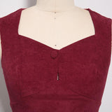 Button Front High Waist Pleated Corduroy Autumn Burgundy Elegant Party Women Sleeveless Vintage Dress