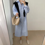 Turn-Down Collar Long Sleeve Loose Shirt Dress With Chest Pocket Button Up Solid Casual Midi Dress