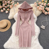 Long Sleeve Hooded Knitted Striped Dresses Women Autumn Winter Casual Sweater Dress